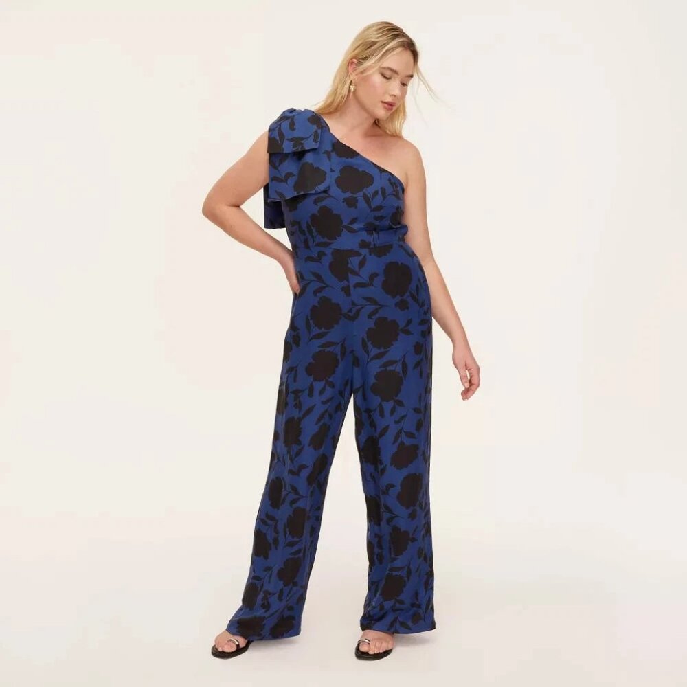 kate spade Blue and Black One-Shoulder Floral Jumpsuit